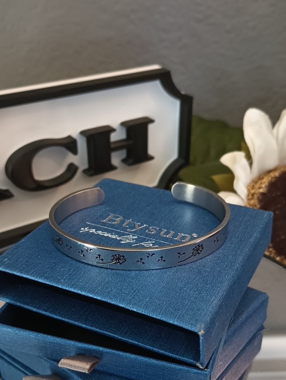 Silver Dandelion Engraved Cuff Bracelet